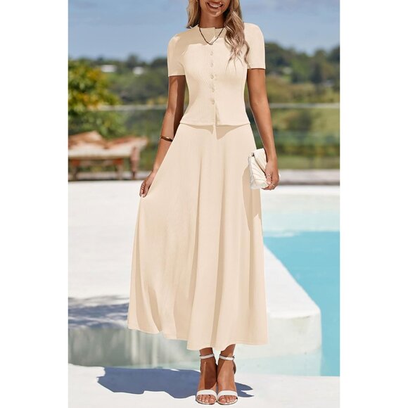 Women's 2 Piece Skirt Set Summer Knit Crop Top Flowy Maxi Casual Outfits - Picture 7 of 8